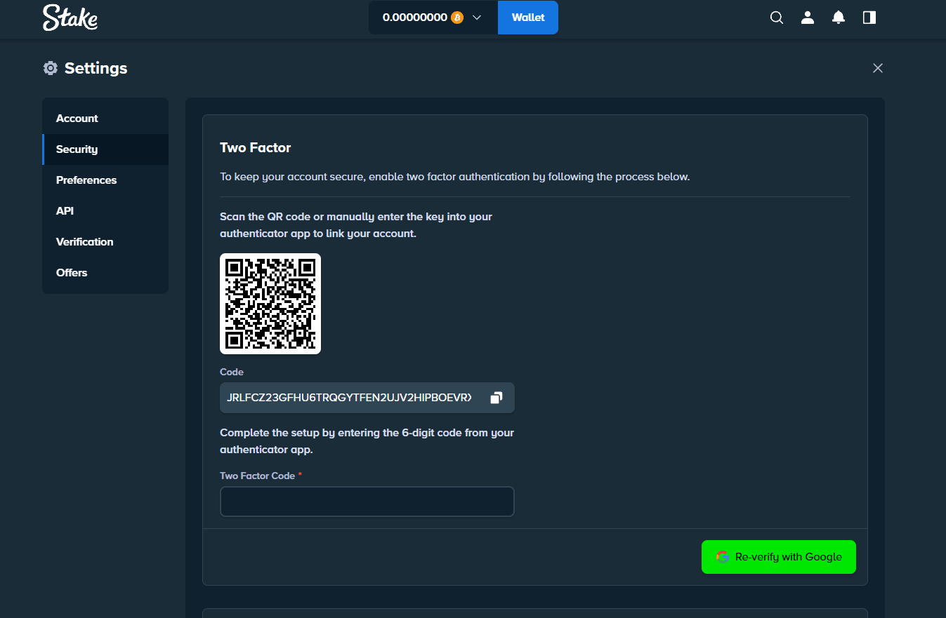 Stake two-factor authentication settings screen