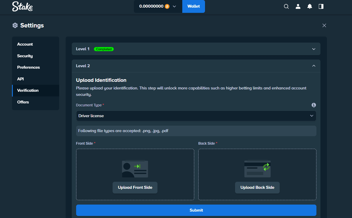 Uploading an identity document during Stake KYC verification