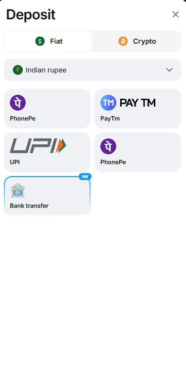 1Win deposit step 2 - Choose payment method and enter amount